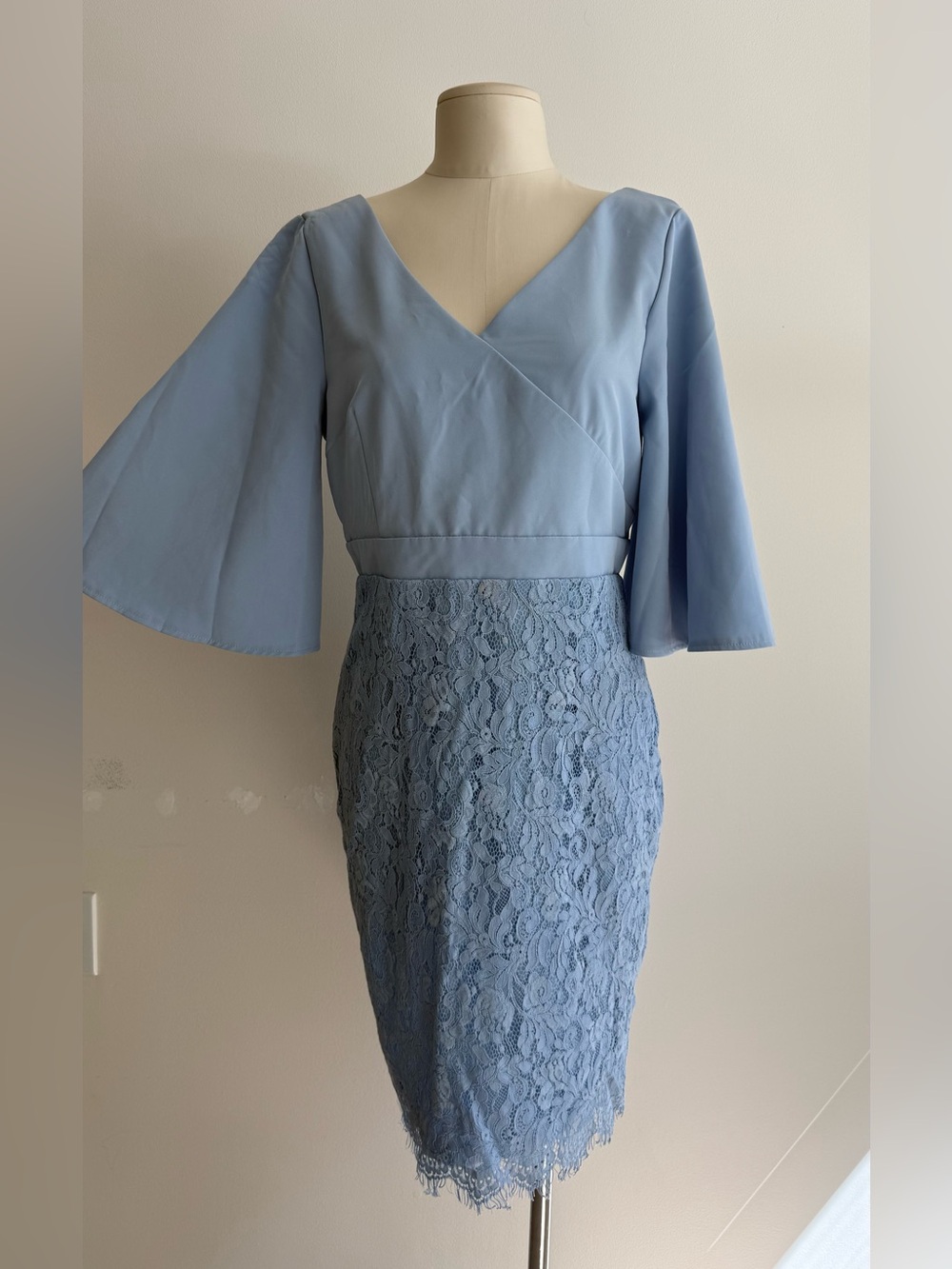 Paper Dolls Light Blue Wrap Bodice Lace Pencil Midi Dress